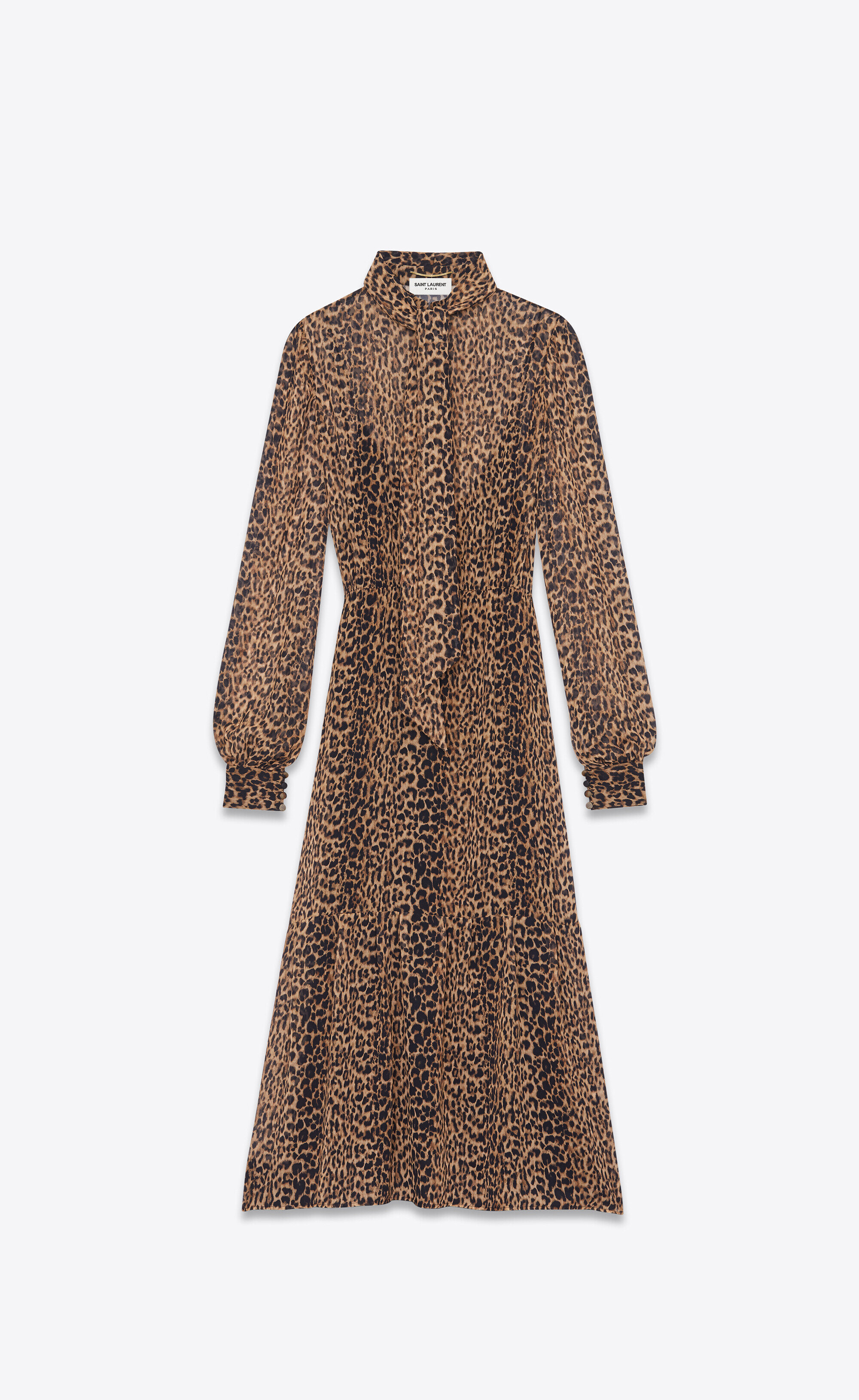 Saint Laurent Lavallière-Neck Long Dress in Leopard-Print 